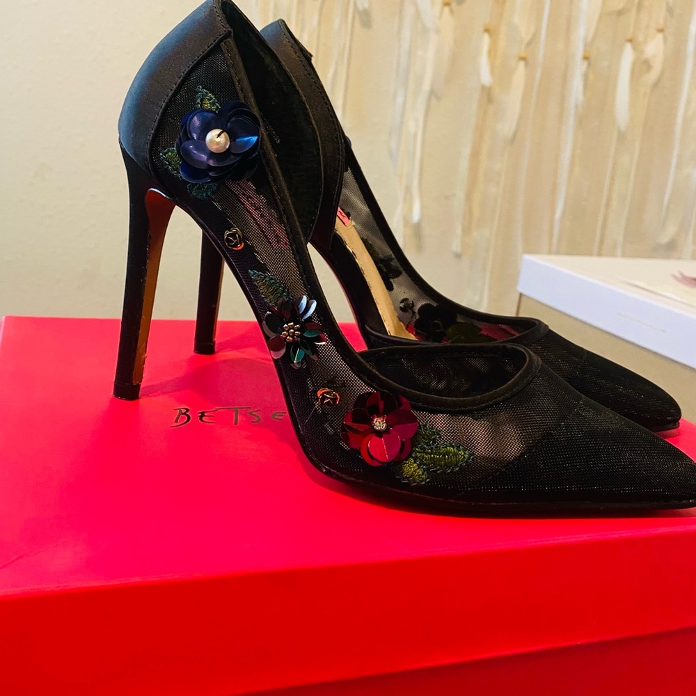 Betsey Johnson Black Heels with Colorful Floral Embellishments